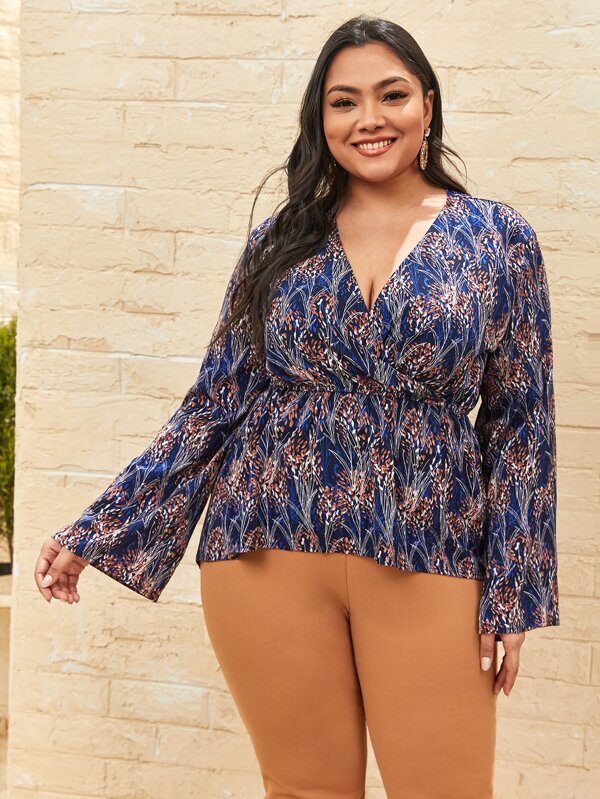 SHEIN LUNE Camisa peplum cruzada delantera con estampado floral