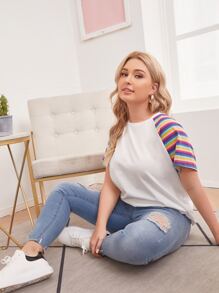 SHEIN Camiseta de manga raglán de rayas de arcoíris - Blanco - Ver 1