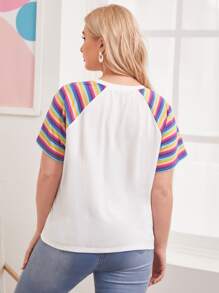 SHEIN Camiseta de manga raglán de rayas de arcoíris - Blanco - Ver 2