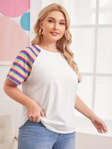 SHEIN Camiseta de manga raglán de rayas de arcoíris - Blanco - Ver 3