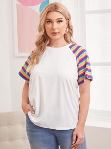 SHEIN Camiseta de manga raglán de rayas de arcoíris - Blanco - Ver 4