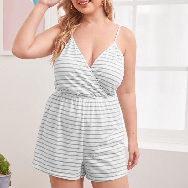 

Plus Striped Cami Romper, White