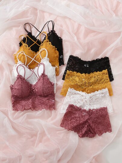 4packs Bloemen Kanten Criss Cross BH Boyshorts Lingerie Set view 4