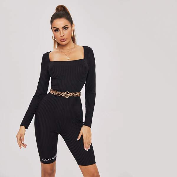 

Square Neck Rib-knit Romper Without Belt, Black