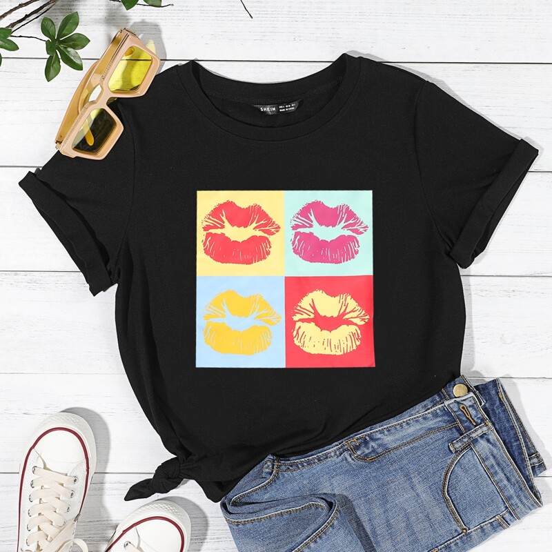 

Lip Print Round Neck Tee, Black