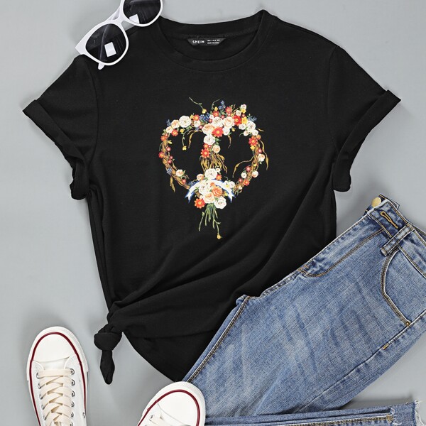 

Flower Print Round Neck Tee, Black