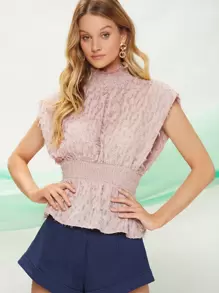 SHEIN Mock Neck Shirred Fuzzy Top - Dusty Pink - View 1