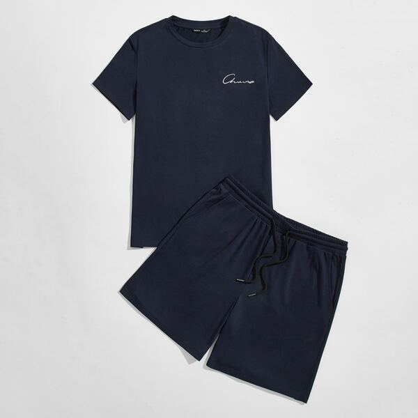 

Men Letter Graphic Tee & Track Shorts Set, Navy blue