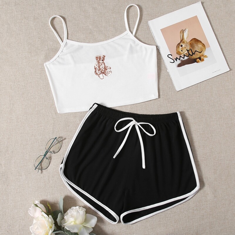 

Cartoon Bear Print PJ Set, Black and white