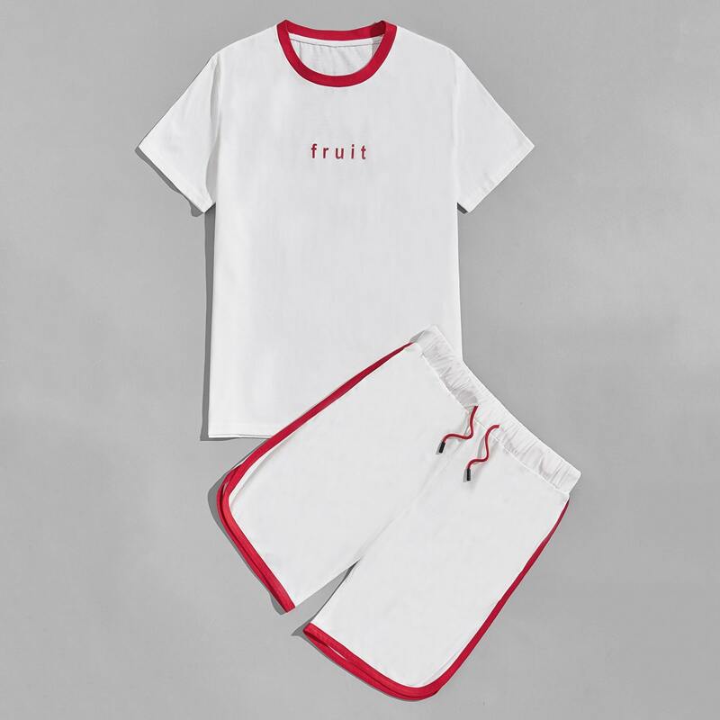 

Guys Letter Print Contrast Binding Set, White