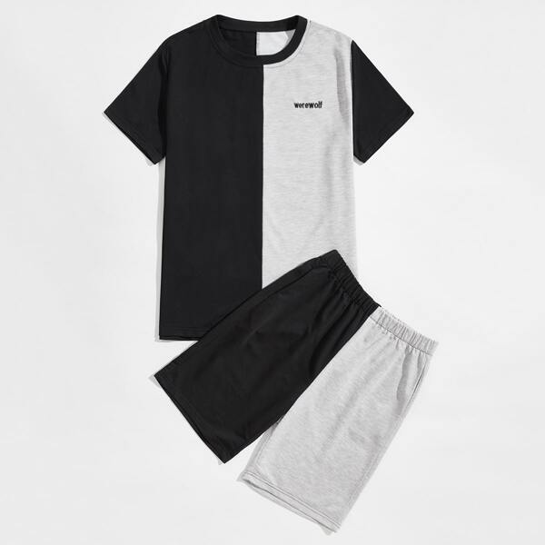

Men Colorblock Letter Graphic Tee With Track Shorts, Multicolor