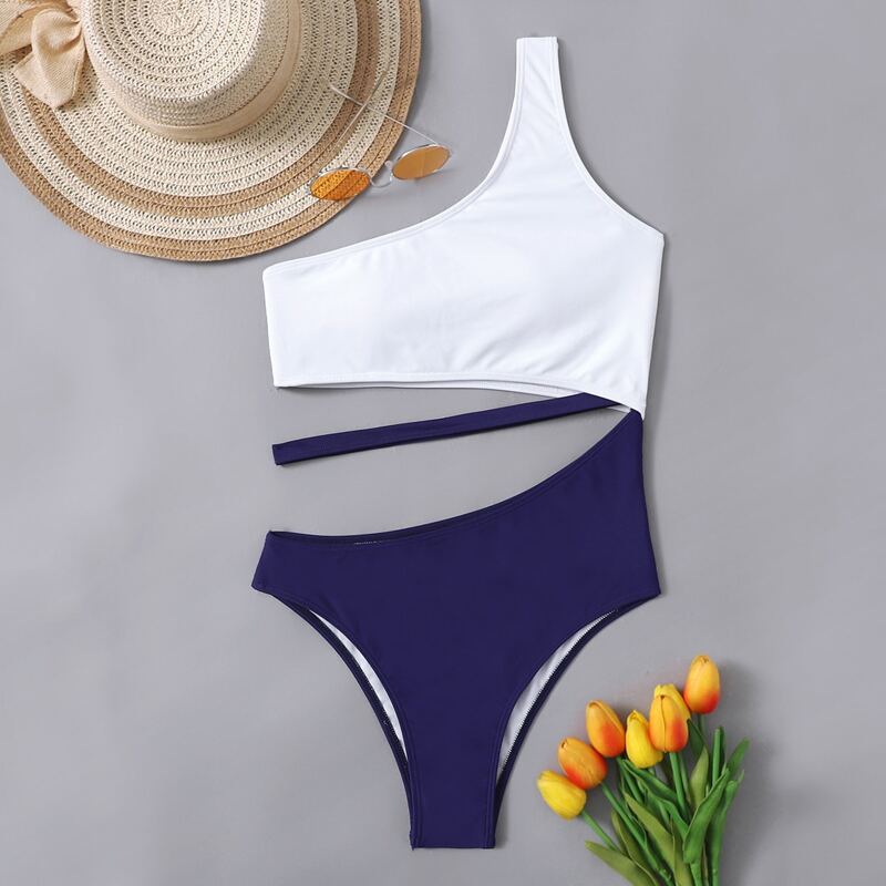 

One Shoulder Cut Out Colorblock One Piece Swimsuit, Blue and white