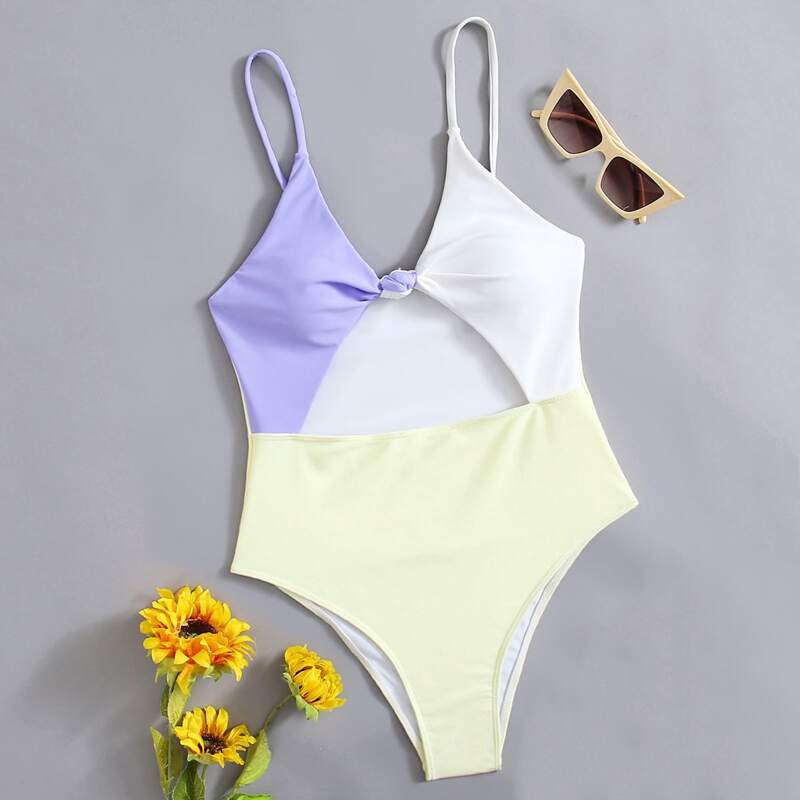 

Colorblock Knot Cut Out One Piece Swimsuit, Multicolor