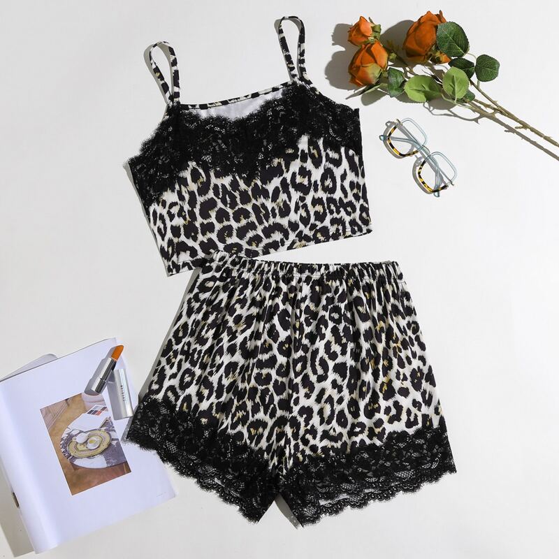 

Leopard Print Lace Trim Cami Pajama Set, Multicolor