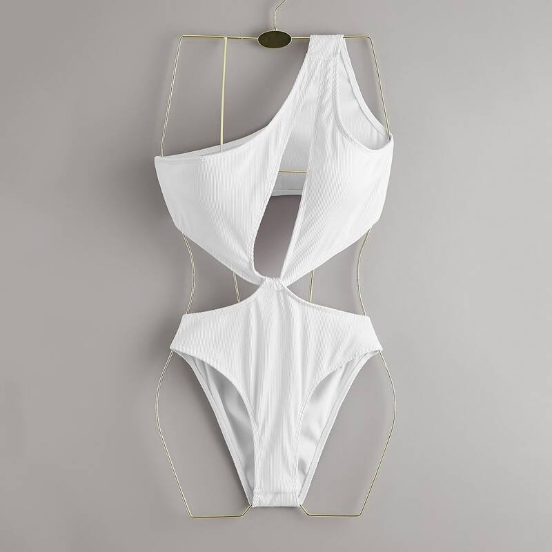 

Solid One Shoulder Cut Out One Piece Swimsuit, White
