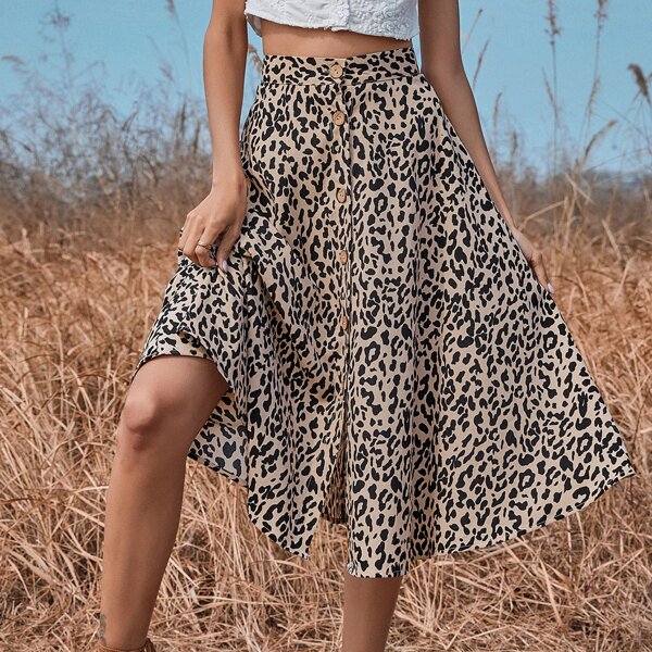 

Allover Print Button Front Skirt, Multicolor
