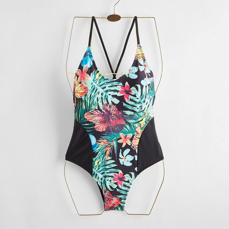 

Flower & Leaf Graphic Criss Cross One Piece Swimsuit, Multicolor