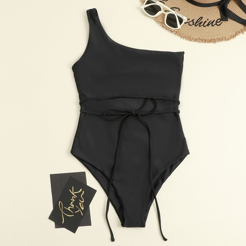 

Solid One Shoulder Tie Front One Piece Swimsuit, Black