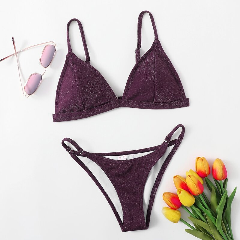 

Glitter Triangle Bikini Swimsuit, Purple