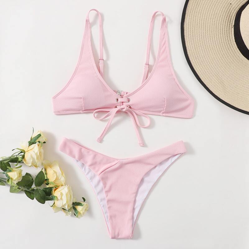 

Ribbed Lace-up Detail Bikini Swimsuit, Pink