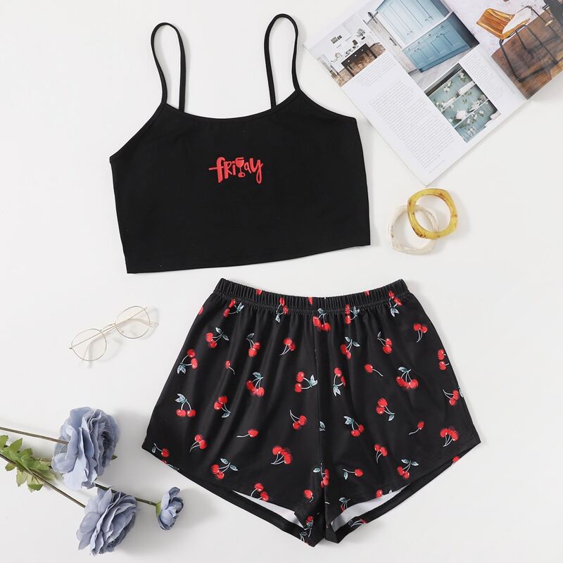 

Cherry Print Shorts PJ Set, Black