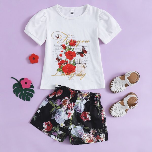 

Toddler Girls Floral Puff Sleeve Tee With Paperbag Shorts, Multicolor