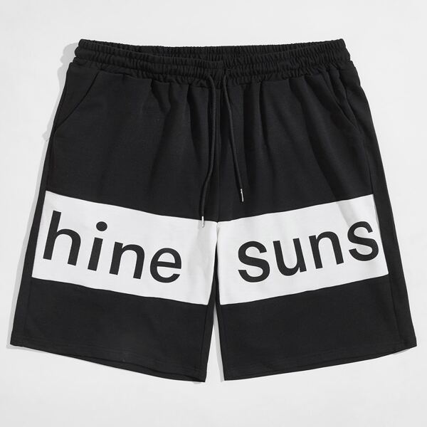 

Men Letter Graphic Drawstring Waist Shorts, Black
