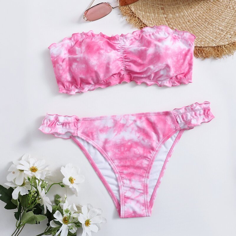 

Tie Dye Lettuce Trim Bikini Swimsuit, Pink