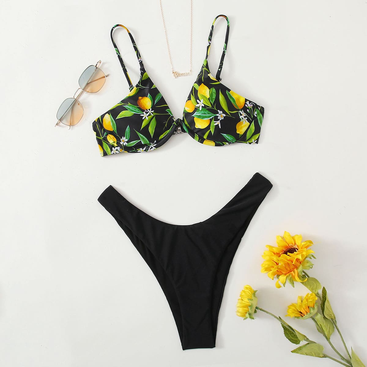 

Lemon Print Underwire Bikini Swimsuit, Black
