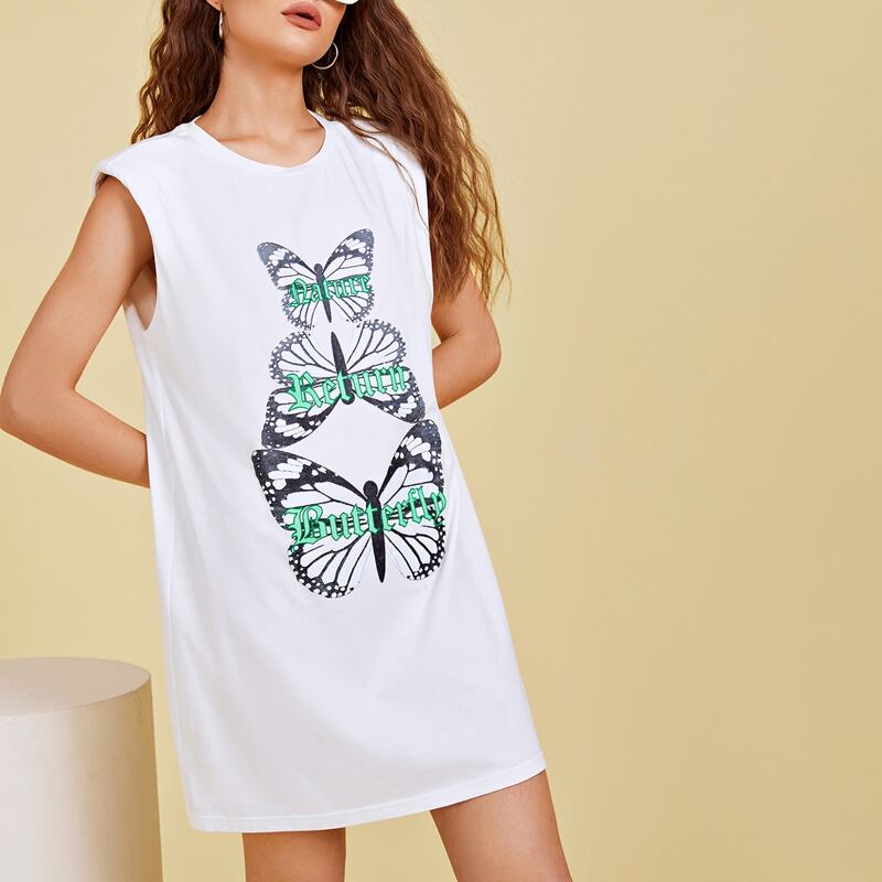 

Shoulder Pad Letter & Butterfly Print Dress, White