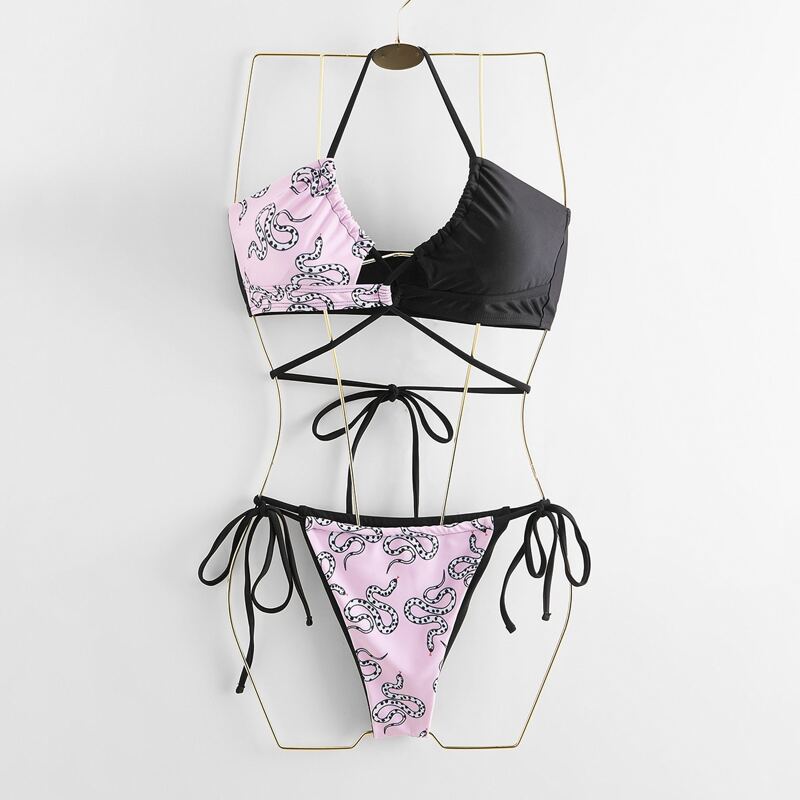 

Snake Print Lace-up Bikini Swimsuit, Multicolor
