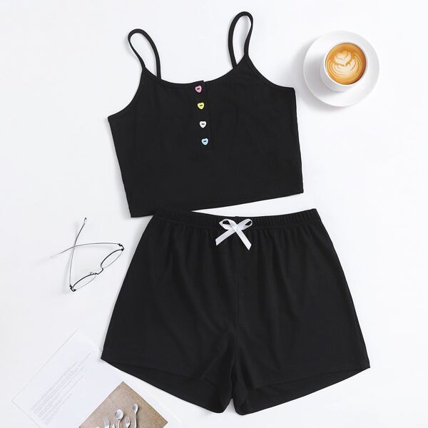 

Heart Button Cami Lounge Set, Black