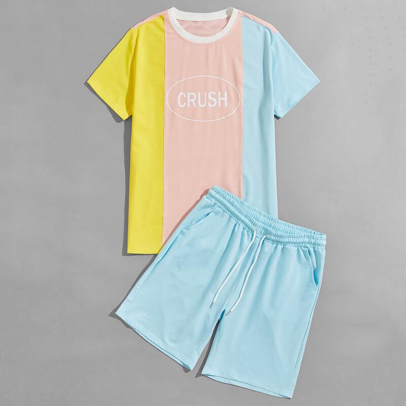 

Guys Color Block Tee With Track Shorts, Multicolor