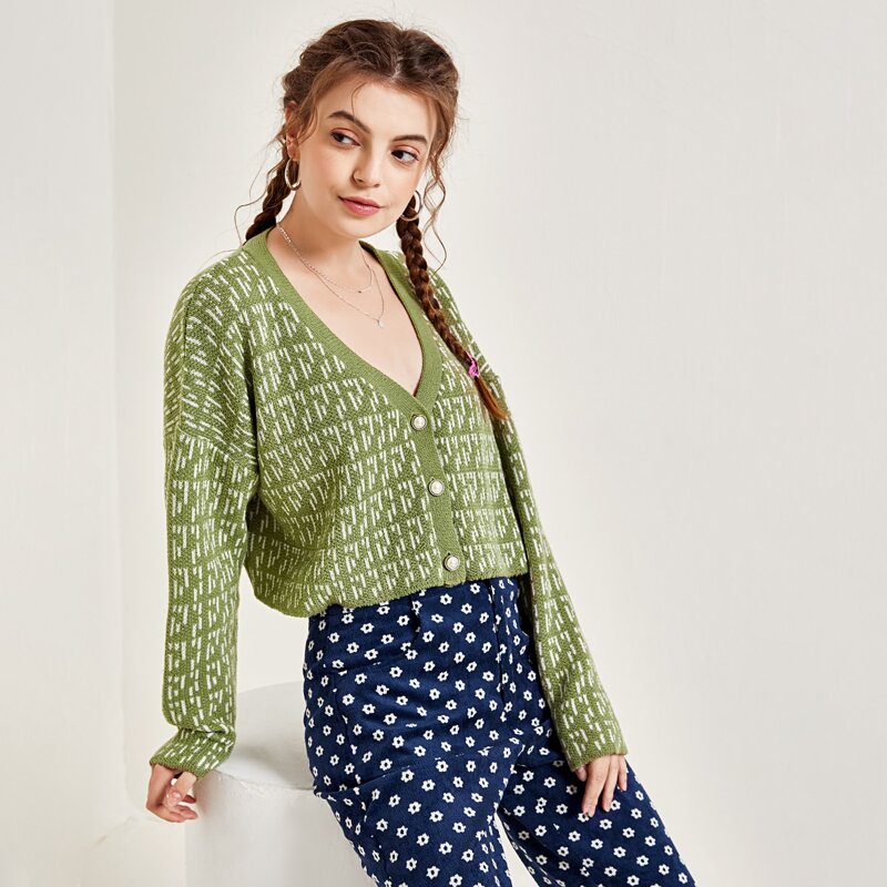 

Drop Shoulder Geo Pattern Cardigan, Lime green