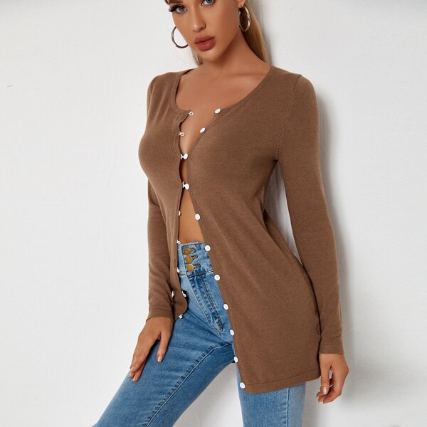 

Solid Button Front Cardigan, Coffee brown