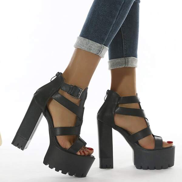 

Zipper Back Chunky Heeled Sandals, Black