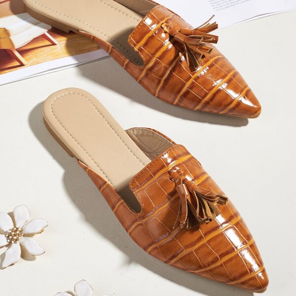 

Tassel Charm Croc Embossed Flat Mules, Brown