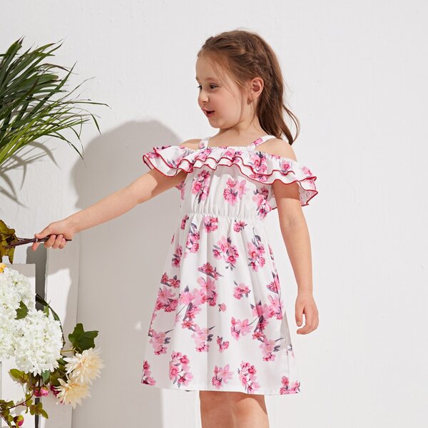 

Toddler Girls Floral Print Flounce Trim Dress, White