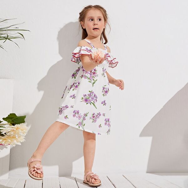 

Toddler Girls Floral Print Flounce Trim Dress, White