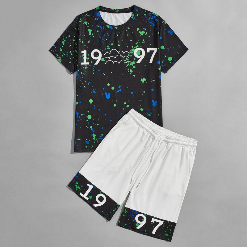 

Guys Splatter Painting & Number Print Tee & Drawstring Track Shorts, Black and white