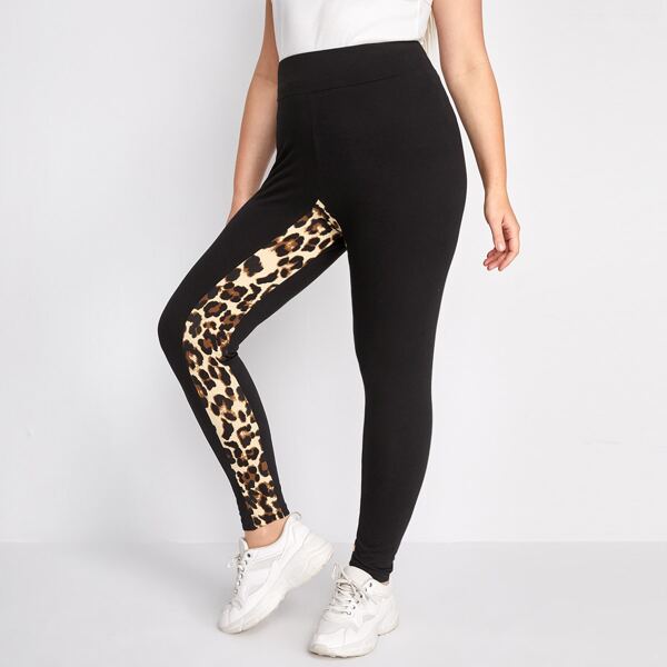 

Plus Leopard Panel Leggings, Black