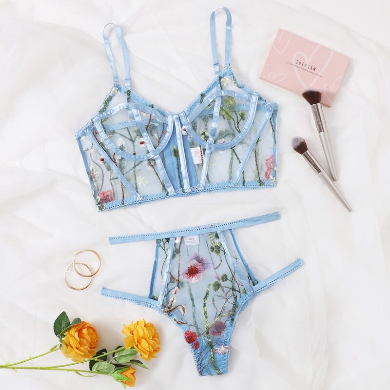 

Lace Floral Cut-out Lingerie Set, Blue