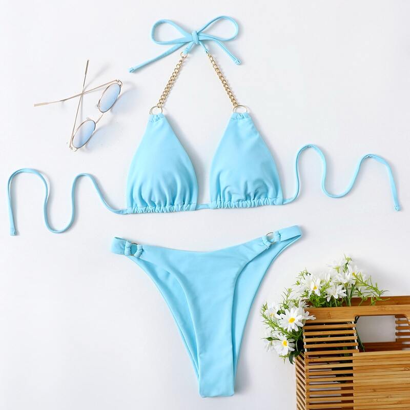 

Chain Decor High Leg Bikini Swimsuit, Baby blue