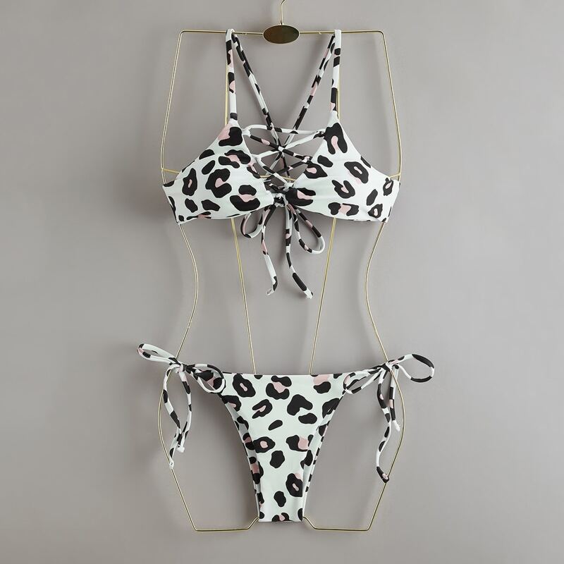 

Leopard Lace-up Front Bikini Swimsuit, Multicolor