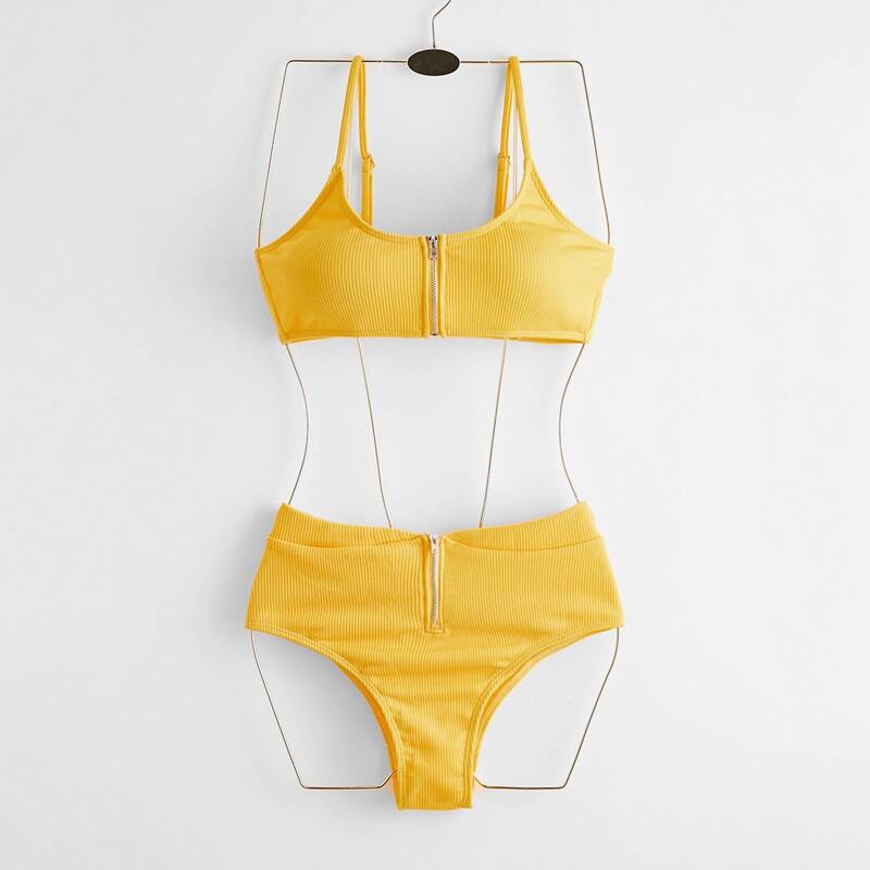 

Zip Front High Waist Bikini Swimsuit, Yellow