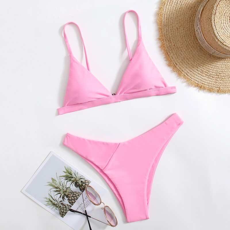 

Solid Triangle Bikini Swimsuit, Pink