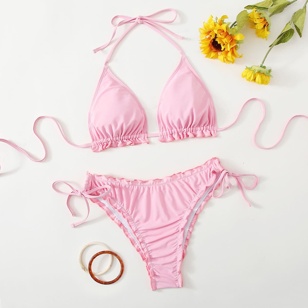 

Drawstring Side Frill Bikini Swimsuit, Baby pink