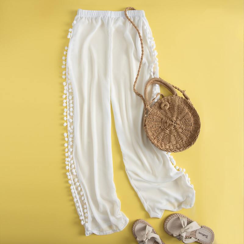 

Chiffon Pom-pom Trim Cover Up Pants, White