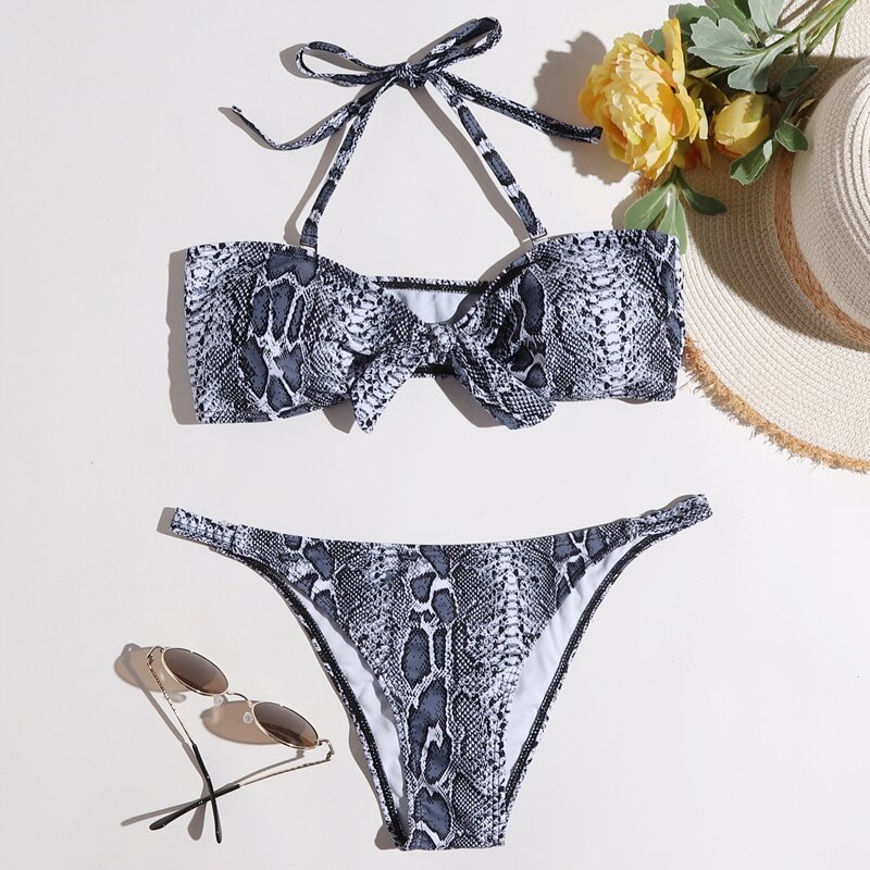 

Snakeskin Print Halter Bikini Swimsuit, Grey