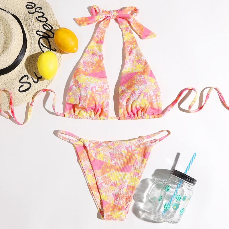 

Floral Halter Tanga Bikini Swimsuit, Multicolor